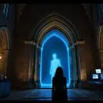 A woman stands silhouetted before a stone archway glowing with ethereal blue light, where a humanoid figure materializes. Modern computer equipment lines the walls of the converted chapel, contrasting ancient architecture with cutting-edge technology