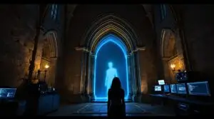 A woman stands silhouetted before a stone archway glowing with ethereal blue light, where a humanoid figure materializes. Modern computer equipment lines the walls of the converted chapel, contrasting ancient architecture with cutting-edge technology