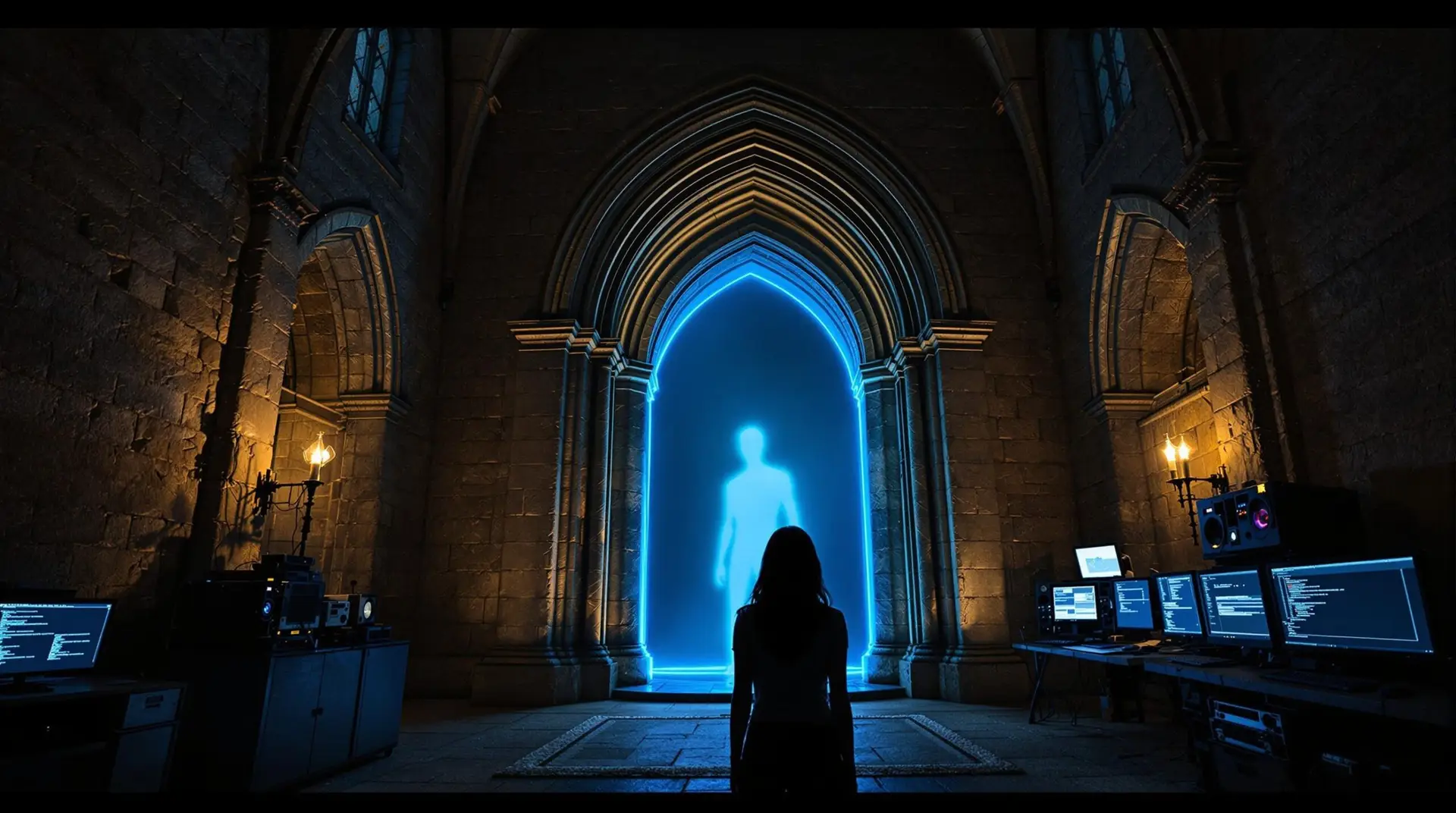 A woman stands silhouetted before a stone archway glowing with ethereal blue light, where a humanoid figure materializes. Modern computer equipment lines the walls of the converted chapel, contrasting ancient architecture with cutting-edge technology