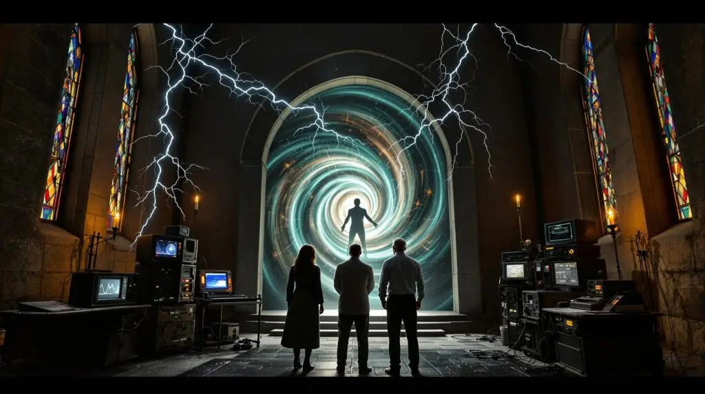The Quantum Breach | Richard French Three figures stand silhouetted before a stone archway containing a swirling quantum portal with a human silhouette visible within. Lightning arcs across the chapel walls, illuminating scientific equipment and stained glass windows as the dimensional barrier weakens.