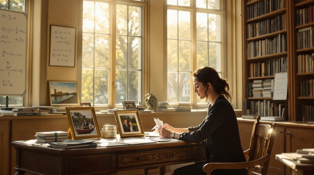 New Beginnings | Richard French A woman sits at an antique desk in a sunlit Cambridge University office, reviewing papers. Framed photos, including one of a couple in a punt boat, sit on her desk beside quantum equations on whiteboards. Golden afternoon light streams through tall windows illuminating bookshelves filled with academic texts.