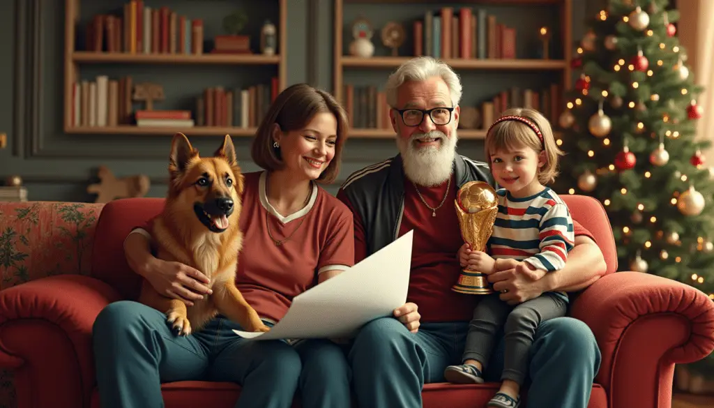 Humorous holiday family portrait showing overachieving Wannabe family with World Cup trophy, Nobel Prize, architectural blueprints, and Latin-speaking German Shepherd in Norman Rockwell style