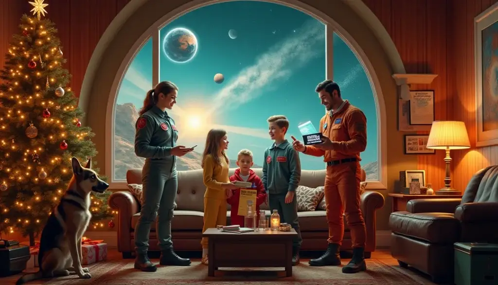 Futuristic holiday family portrait featuring the Wannabe family with space missions, Broadway achievements, and their ancient Sumerian-speaking German Shepherd in retro-futuristic living room with Earth and Mars visible through window