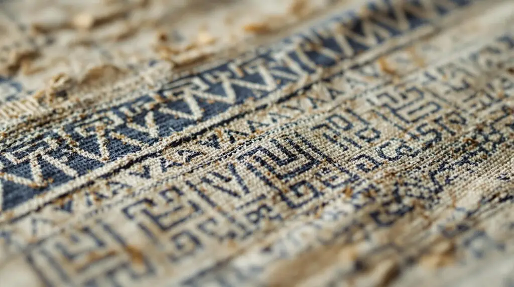 A weathered textile fragment with faded indigo patterns displaying intricate interlocking triangular symbols along the border. The weaving technique shows a distinctive blend of Norse and Anglo-Saxon patterns, characteristic of 10th century cultural exchange in Northern England.
