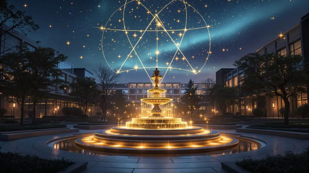 A magical fountain glowing with golden light in a contemporary university courtyard at twilight, with geometric star patterns illuminating the sky above modern glass academic buildings - representing the Academy Memorial Gardens from The Convergence sci-fi romance books where engineer Samantha Reed and artist Connor Blake's love story unfolds