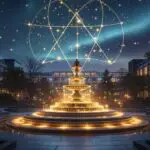 A magical fountain glowing with golden light in a contemporary university courtyard at twilight, with geometric star patterns illuminating the sky above modern glass academic buildings - representing the Academy Memorial Gardens from The Convergence sci-fi romance books where engineer Samantha Reed and artist Connor Blake's love story unfolds