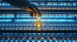 Scientist selecting a single golden genetic sample vial among hundreds of blue vials in a laboratory, representing the rare DNA that created the perfect weapon for emotional collection
