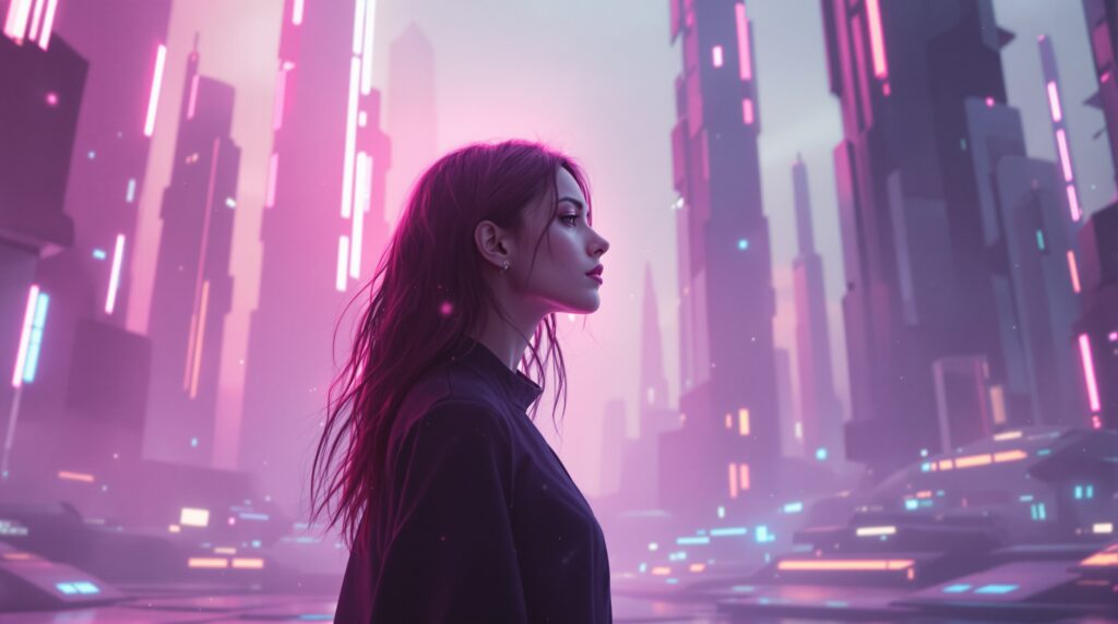 A young woman standing in a futuristic city filled with soft pink light, looking ahead with calm focus as neon towers rise around her.
