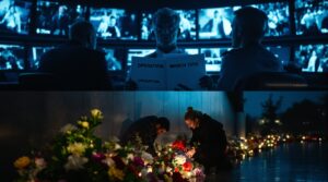 Split composition showing government officials in a dark control room reviewing 'Operation March 15th' documents while monitoring screens above, contrasted with grieving people placing flowers and candles at a memorial below, illustrating the deception between orchestrators and genuine mourners