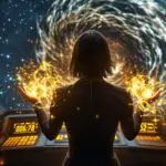 A woman stands on a futuristic spaceship bridge with glowing golden magical energy swirling around both hands, facing a large viewport window that shows a mysterious cosmic anomaly twisting through star-filled space.