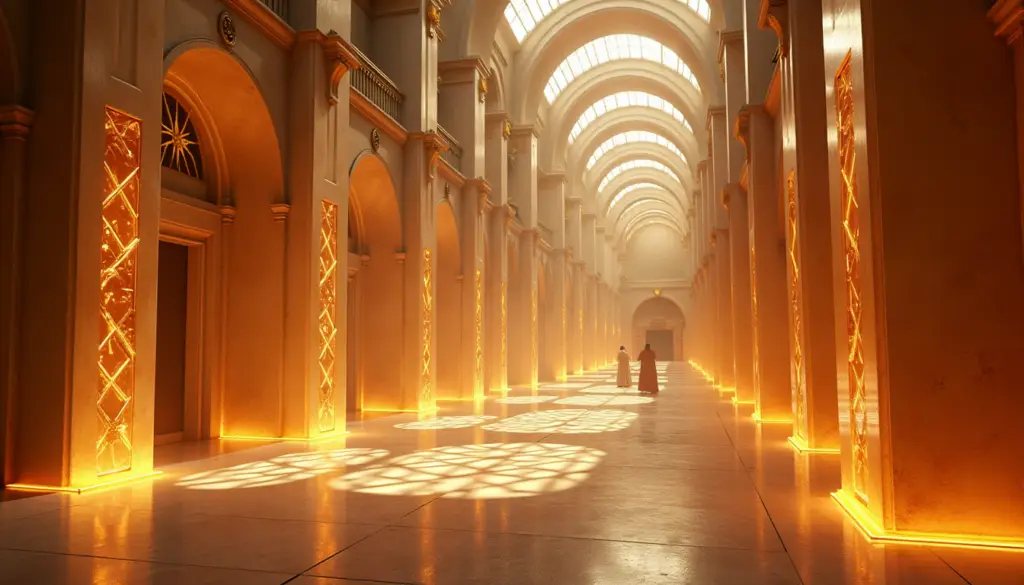 Professional Architectural Visualization Of A Grand Hall | Richard French Interior view of academy organizational structures demonstrating how classroom designs and magical barriers regulate interaction between different disciplines, mirroring corporate control systems.