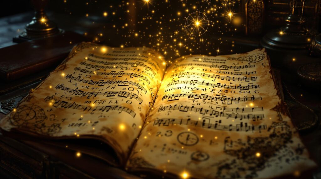 Sinclair's Mysterious Manuscript - The Conductor's Score Discovery | Richard French An illuminated musical manuscript on an antique piano with conventional notation interspersed with constellation patterns and mathematical formulas. Golden light emanates from the pages, causing objects to levitate, illustrating Will's discovery of music's dimensional properties.