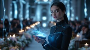 Professional Collector performing mass extraction at memorial service, holding glowing blue device that harvests emotions from grieving families in background with candlelight