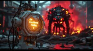Medical device labeled 'Emotional Healing' in foreground with warm golden light contrasted against a dark weaponized version surrounded by red destruction in the background, showing how healing technology became emotional weapons