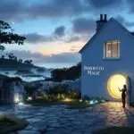 A twilight scene of Trevelyn Cottage, a white Cornish cottage with a slate roof perched on a coastal hillside. A woman in silhouette stands at a large, glowing round doorway that emits golden light. Through windows and across the landscape, glimpses of another world with floating islands and crystalline formations are visible in the distance. Luminous birds or spirits fly through the dusky blue sky. Stone walls and a flagstone path lead to the cottage, with magical light emanating from garden plants. The words 'Inherited Magic' appear on the cottage wall. The image captures the story's essence of dimensional doorways and magical inheritance.