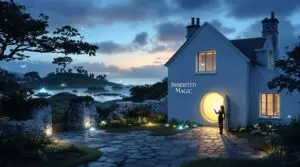 A twilight scene of Trevelyn Cottage, a white Cornish cottage with a slate roof perched on a coastal hillside. A woman in silhouette stands at a large, glowing round doorway that emits golden light. Through windows and across the landscape, glimpses of another world with floating islands and crystalline formations are visible in the distance. Luminous birds or spirits fly through the dusky blue sky. Stone walls and a flagstone path lead to the cottage, with magical light emanating from garden plants. The words 'Inherited Magic' appear on the cottage wall. The image captures the story's essence of dimensional doorways and magical inheritance.