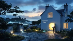 A twilight scene of Trevelyn Cottage, a white Cornish cottage with a slate roof perched on a coastal hillside. A woman in silhouette stands at a large, glowing round doorway that emits golden light. Through windows and across the landscape, glimpses of another world with floating islands and crystalline formations are visible in the distance. Luminous birds or spirits fly through the dusky blue sky. Stone walls and a flagstone path lead to the cottage, with magical light emanating from garden plants. The words 'Inherited Magic' appear on the cottage wall. The image captures the story's essence of dimensional doorways and magical inheritance.