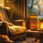 Cozy Fantasy Books in a Warmly Lit Reading Nook with Tea and Lantern Glow | Richard French Cozy fantasy books stacked by a reading nook with armchair, tea, and sleeping cat