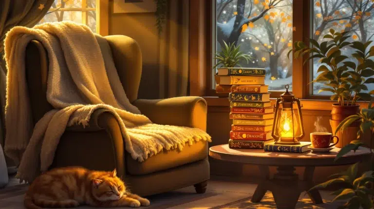 Cozy Fantasy Books in a Warmly Lit Reading Nook with Tea and Lantern Glow | Richard French | Richard French Cozy fantasy books stacked by a reading nook with armchair, tea, and sleeping cat