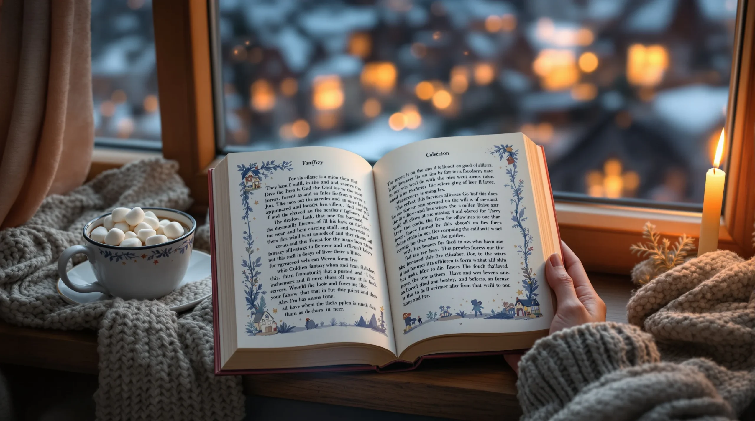 Hands holding an illustrated cozy fantasy book beside cocoa and candlelight at twilight