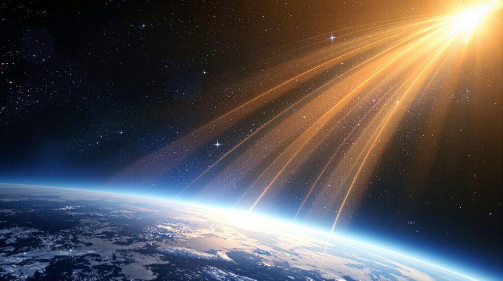 Brilliant golden light converging on planet Earth from space, symbolizing the global gathering of believers at the Rapture and Christ’s triumphant return.