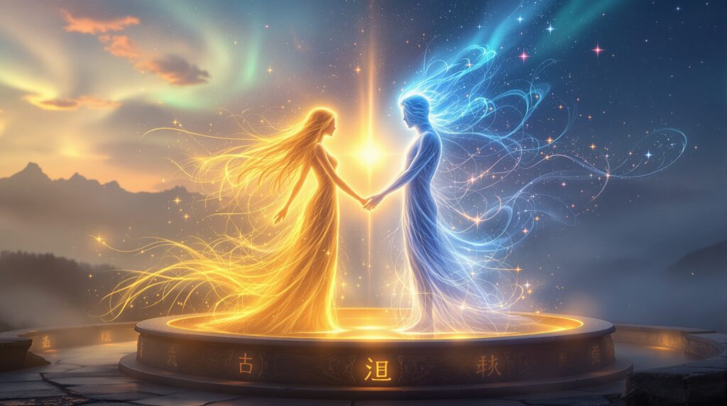 Two ethereal figures representing soul reincarnation stories - one glowing golden and one shimmering blue - hold hands on ancient stone platform surrounded by mystical energy patterns and aurora lights