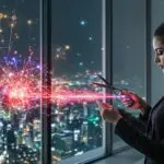 A professional bond-cutter named Mira works with silver scissors on a glowing red connection extending from her client's chest. Through the window behind them, countless colored threads of light connect the buildings of the city in a vast emotional network.