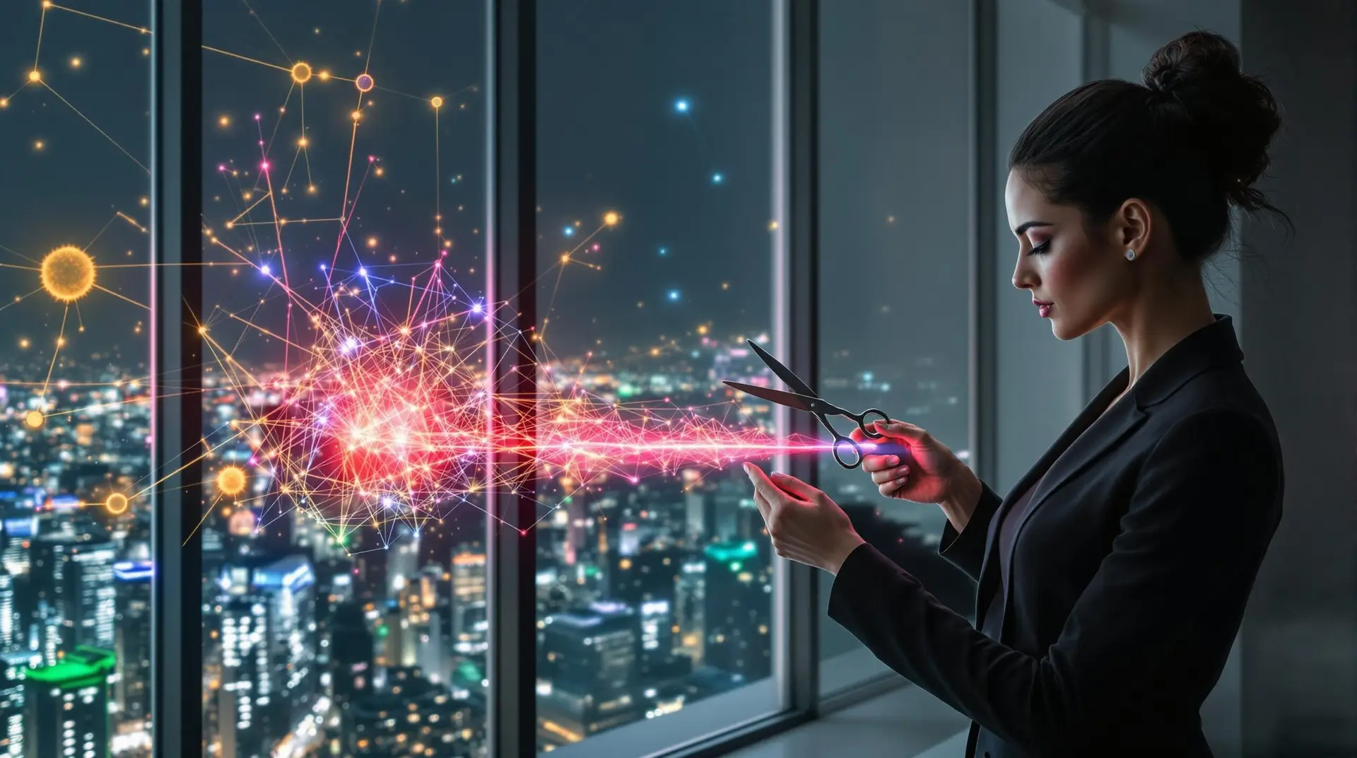 A professional bond-cutter named Mira works with silver scissors on a glowing red connection extending from her client's chest. Through the window behind them, countless colored threads of light connect the buildings of the city in a vast emotional network.
