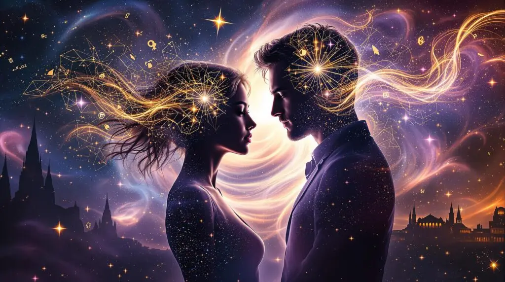 Two silhouetted figures with geometric wireframe patterns - golden analytical energy on left, blue creative energy on right - almost touching against a cosmic starry background with mathematical symbols