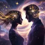 Two silhouetted figures with geometric wireframe patterns - golden analytical energy on left, blue creative energy on right - almost touching against a cosmic starry background with mathematical symbols