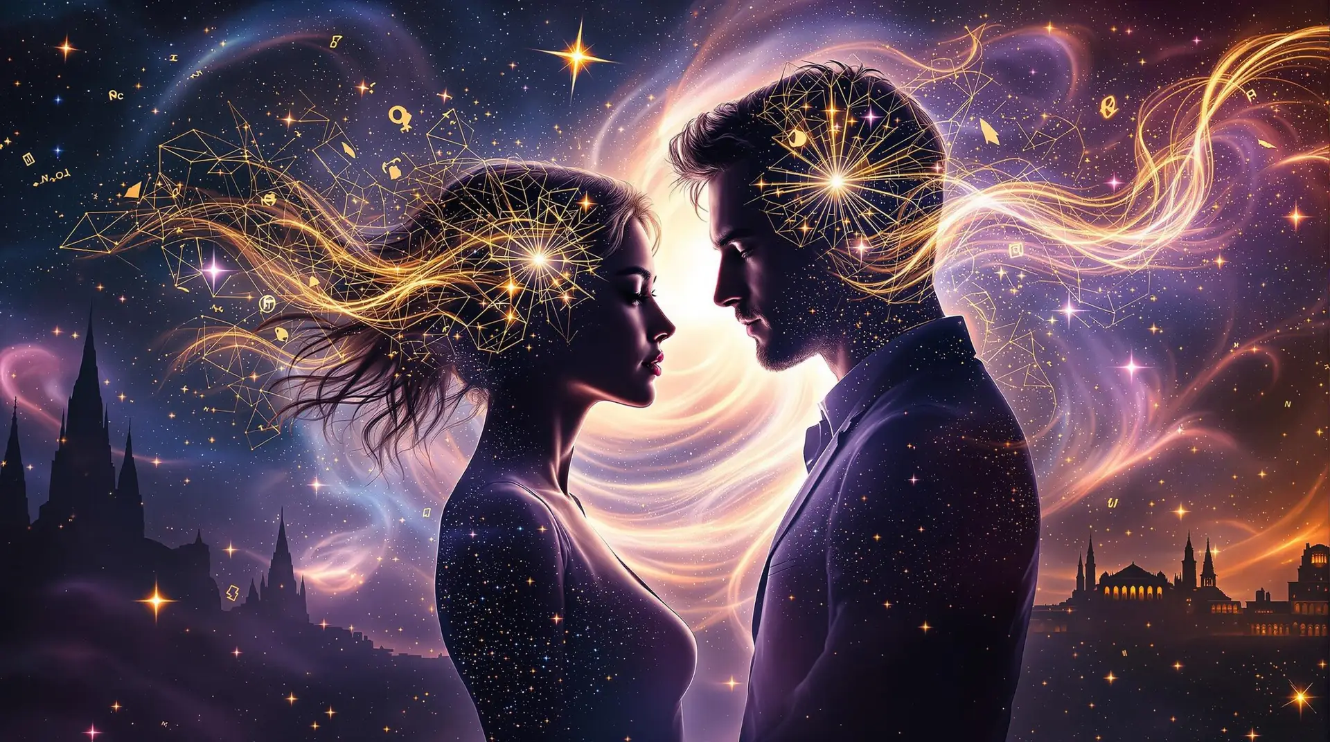 Complementary Forces: The Science and Art of Romantic Science Fiction | Richard French Two silhouetted figures with geometric wireframe patterns - golden analytical energy on left, blue creative energy on right - almost touching against a cosmic starry background with mathematical symbols