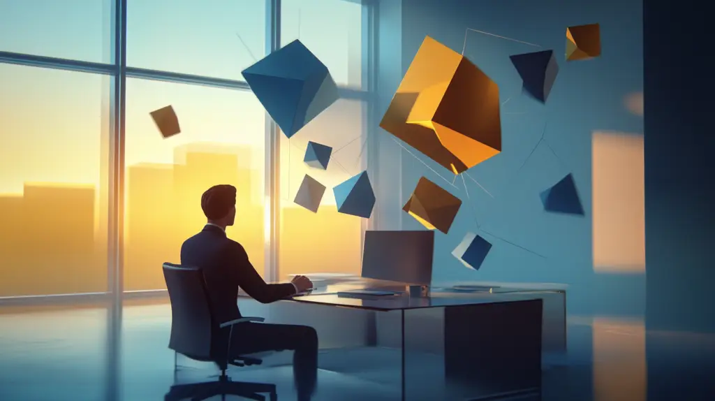 Business leader contemplating ethical decision represented by illuminated geometric patterns floating above modern desk, symbolizing structured moral analysis in leadership