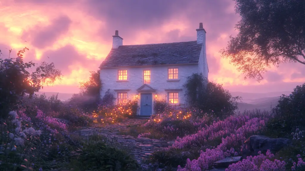 A whitewashed Cornish cottage with a blue door nestled among moorland heather. Windows glow with warm light against a magical purple twilight sky, hinting at the dimensional doorways within.
