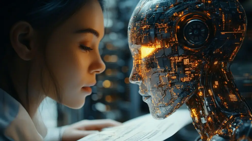 A split-screen visualization showing a business professional working alongside an AI assistant to create digital content, representing the human-AI collaboration in modern content strategies.