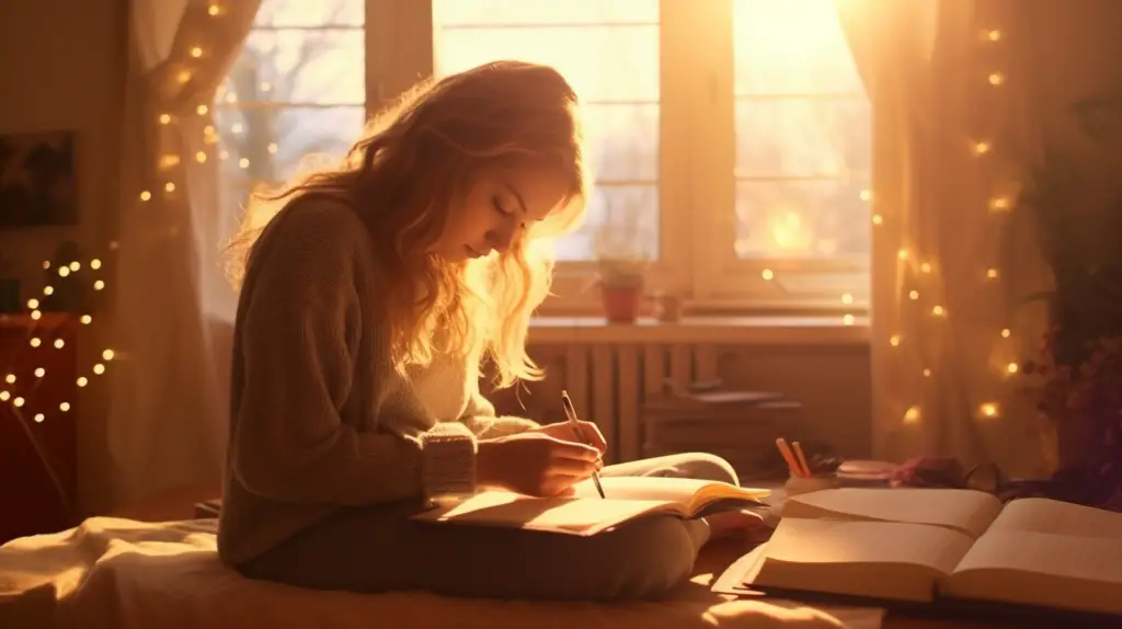 Teenage girl writing in journal by window, surrounded by natural light, demonstrating peaceful self-reflection through journaling