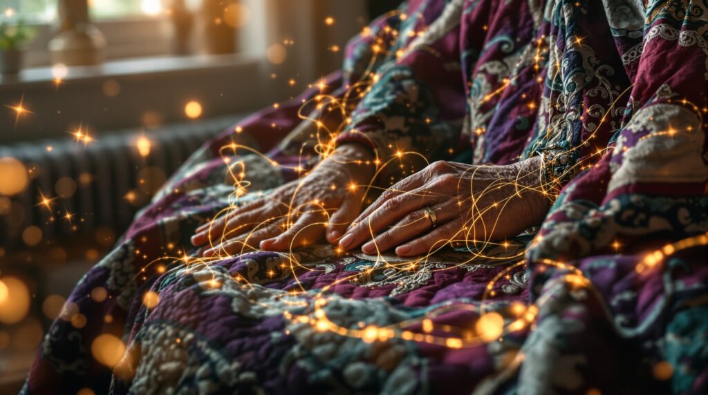 Elderly hands touching vintage quilt with golden light threads weaving through fabric, representing The Memory Weavers story