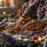 Mystical scene from The Memory Weavers showing weathered hands and enchanted quilt with golden memory threads | Richard French Elderly hands touching vintage quilt with golden light threads weaving through fabric, representing The Memory Weavers story