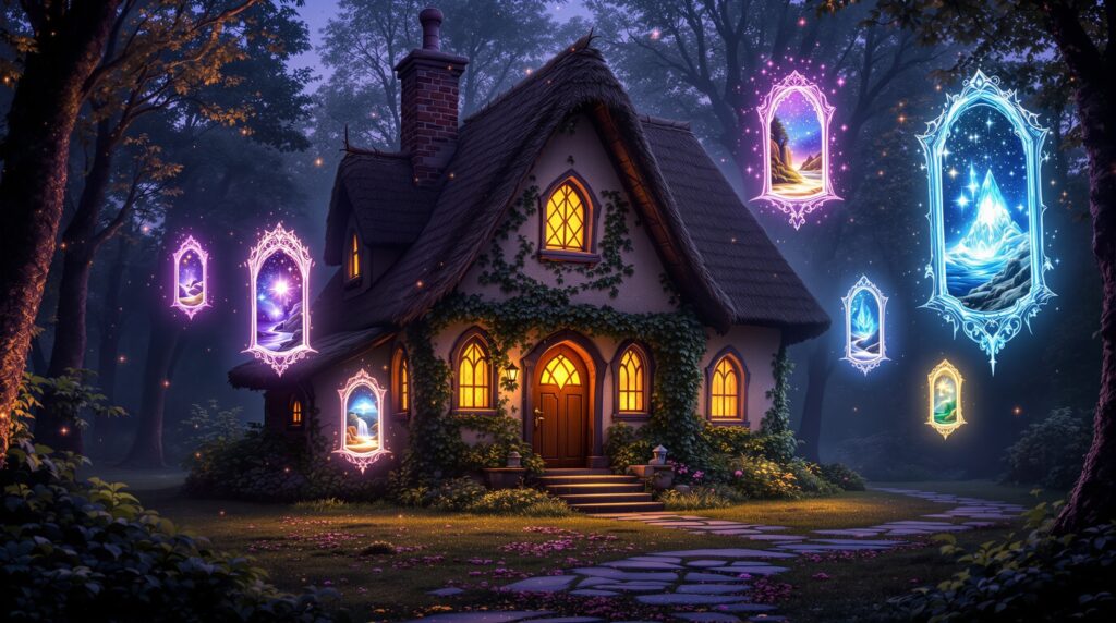 Mystical cottage in enchanted forest with glowing portals floating around it, depicting magical realms from Inherited Magic
