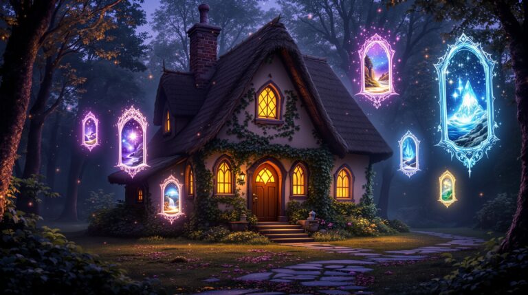 Enchanted Forest Cottage with Magical Portals - Inherited Magic Fantasy Setting | Richard French | Richard French Mystical cottage in enchanted forest with glowing portals floating around it, depicting magical realms from Inherited Magic