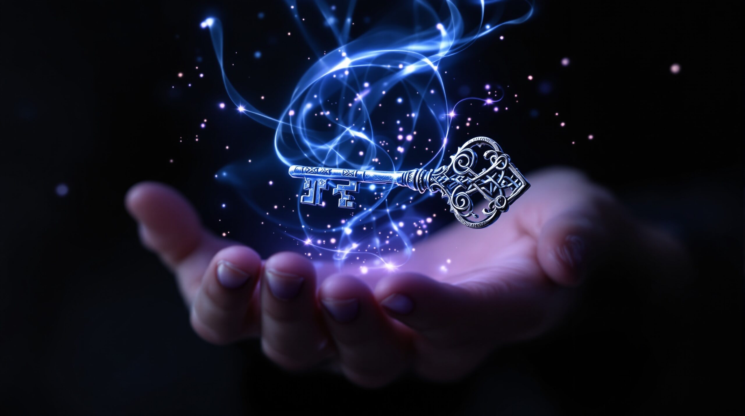 Ornate antique key with Celtic patterns floating above open palm, surrounded by magical blue and purple energy ribbons