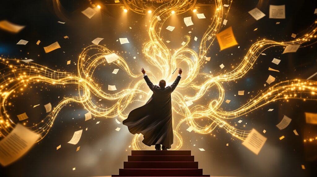 Dramatic orchestral conductor on podium with baton, surrounded by glowing musical energy ribbons in concert hall
