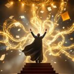 Dramatic orchestral conductor on podium with baton, surrounded by glowing musical energy ribbons in concert hall