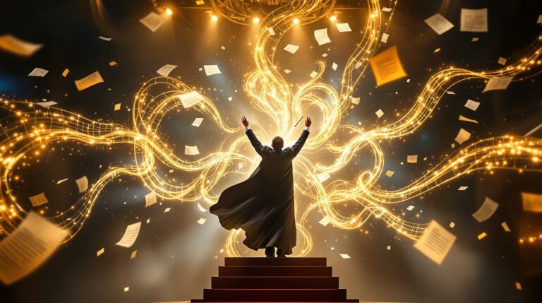 The Conductor's Score - Mystical Orchestra Conductor Wielding Magical Musical Energy in Concert Hall | Richard French | Richard French Dramatic orchestral conductor on podium with baton, surrounded by glowing musical energy ribbons in concert hall