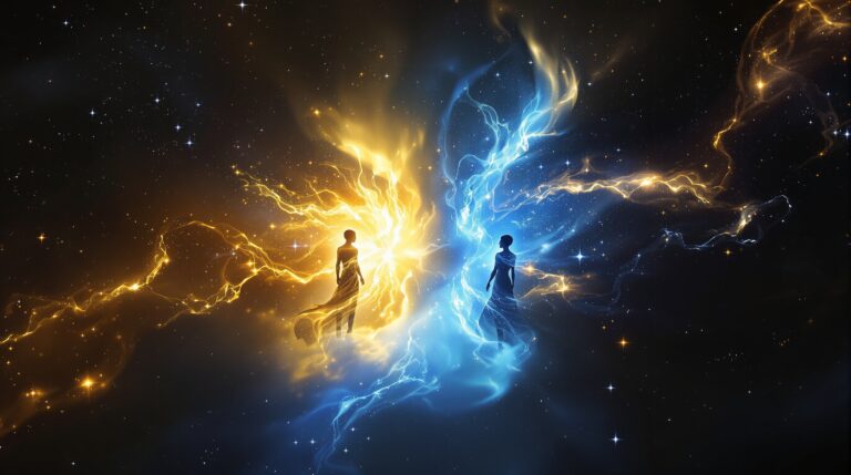 The Convergence Restoration - Ethereal beings with opposing energies meeting across dimensional rift in starfield | Richard French | Richard French Two ethereal figures with golden and blue energy face each other across a cosmic rift in space with swirling galaxies