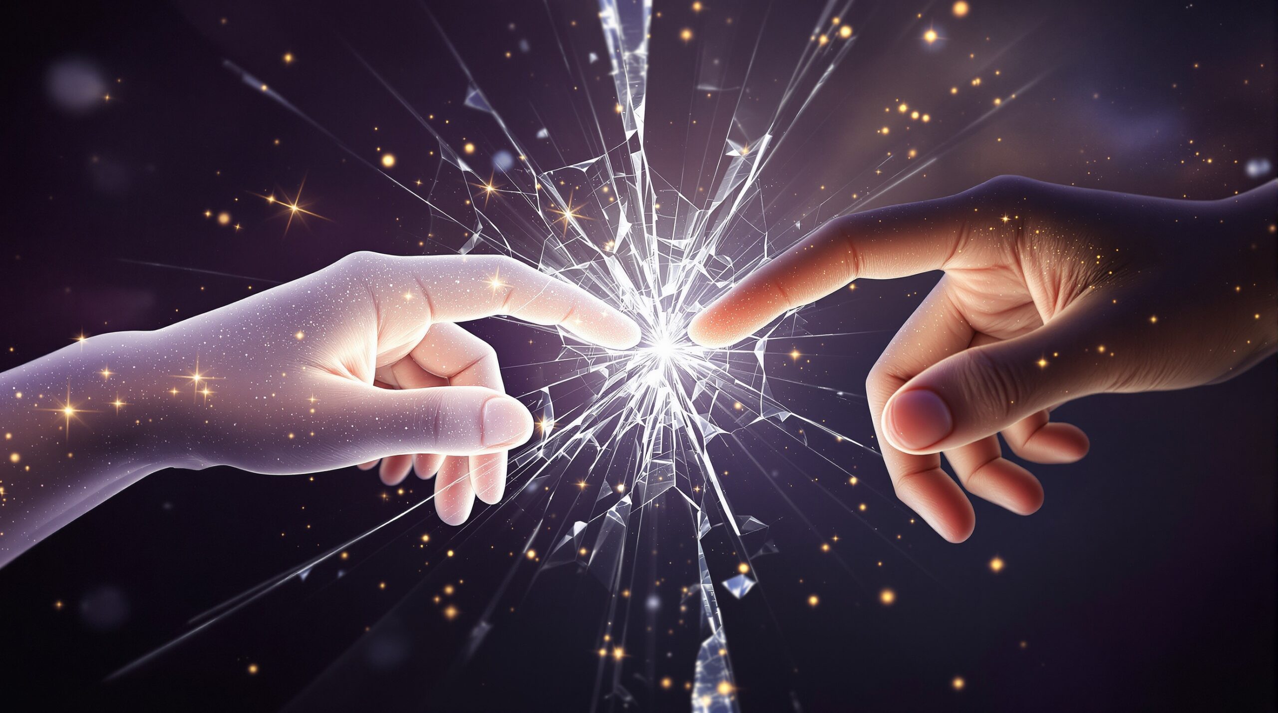 Two hands reaching across shimmering energy barrier, one ghostly and one solid, with fractured reality between fingertips