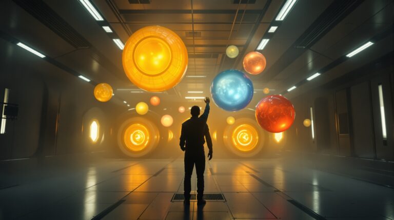 Dystopian scene from The Emotion Collector: Awakening showing figure reaching for captured emotion spheres in sterile facility | Richard French | Richard French Silhouetted figure reaching toward glowing emotion orbs in futuristic facility from The Emotion Collector: Awakening