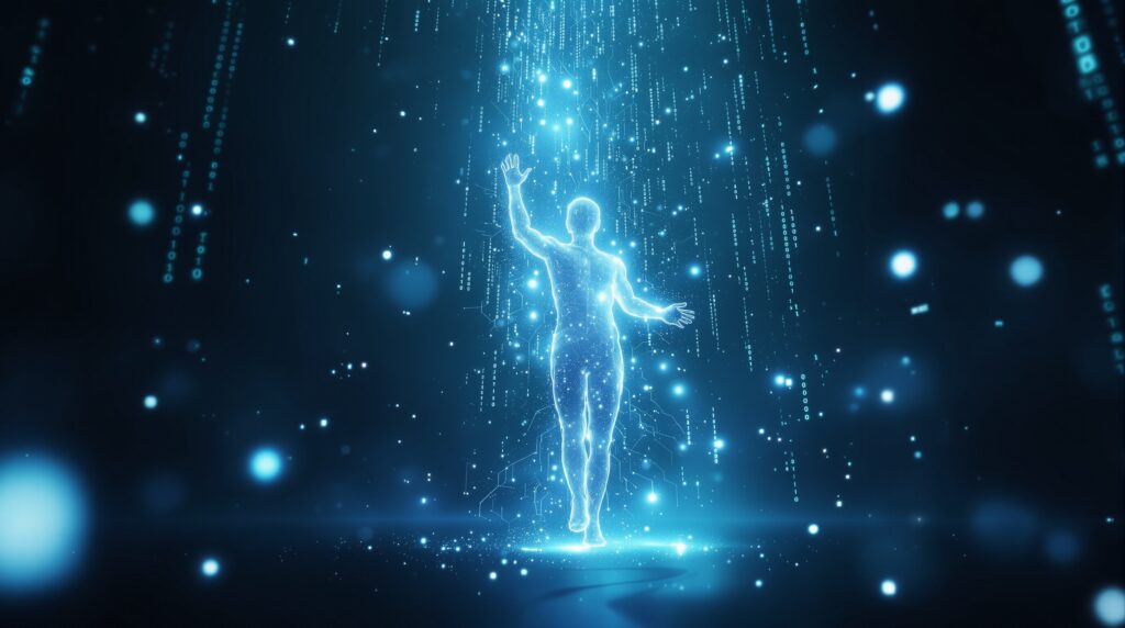 Ethereal human silhouette dissolving into glowing binary code streams, representing The Ghost Algorithm concept