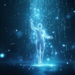 Ethereal human silhouette dissolving into glowing binary code streams, representing The Ghost Algorithm concept