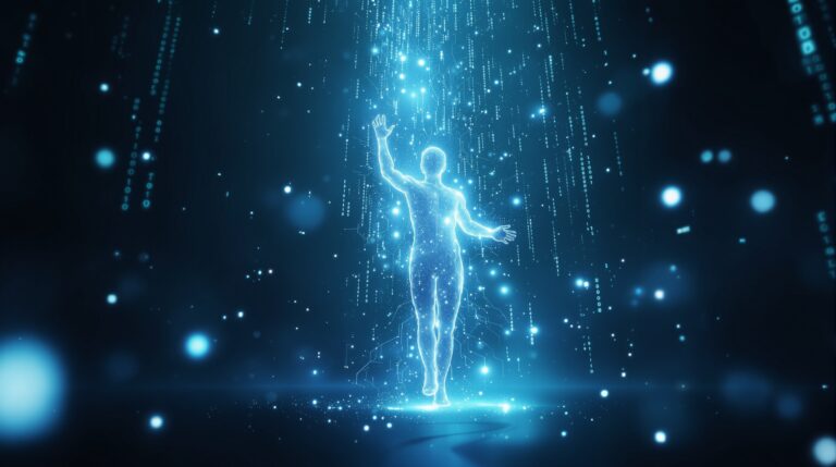 The Ghost Algorithm - Digital Consciousness Merging with Binary Code and Data Streams | Richard French | Richard French Ethereal human silhouette dissolving into glowing binary code streams, representing The Ghost Algorithm concept