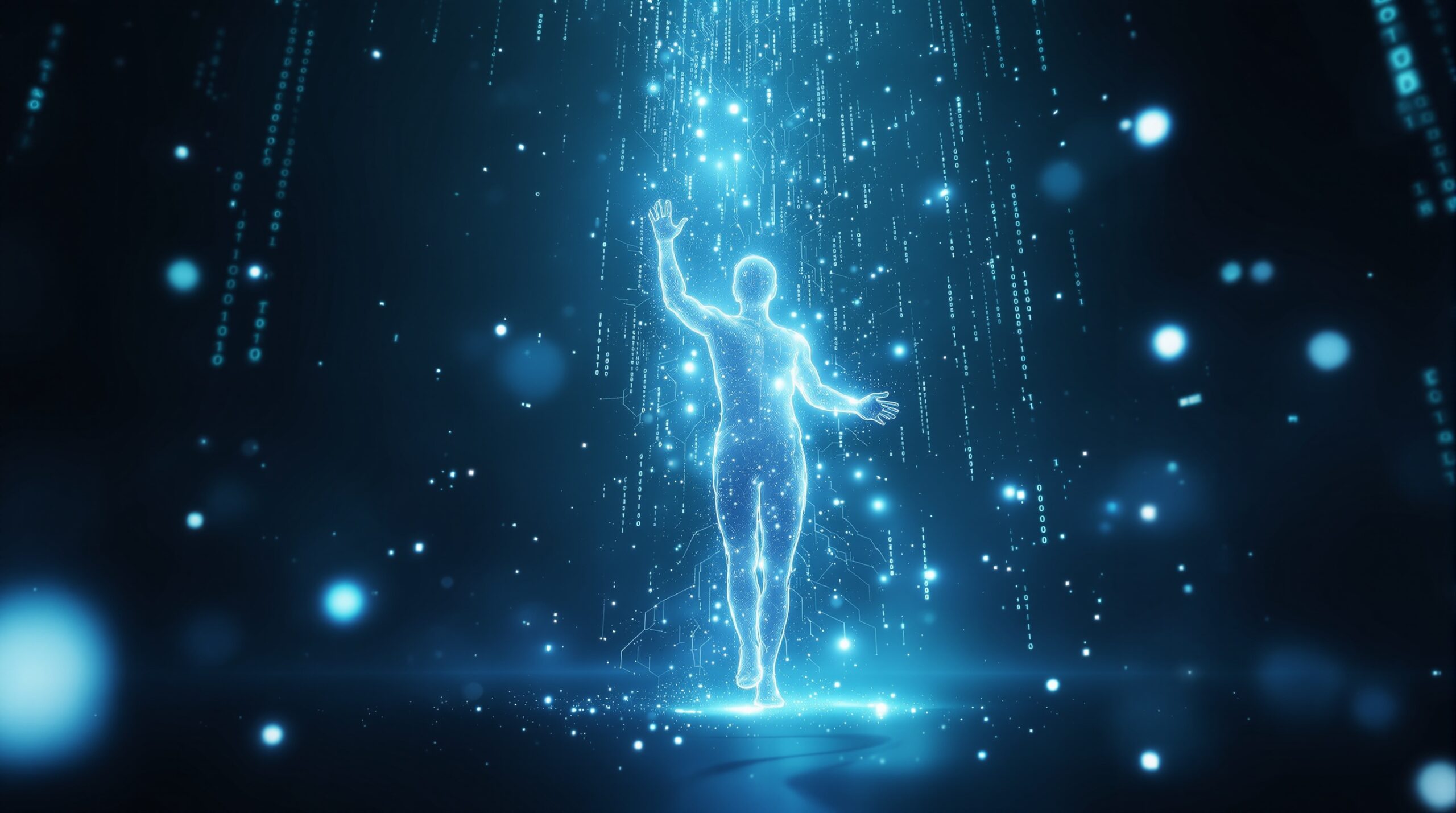 The Ghost Algorithm - Digital Consciousness Merging with Binary Code and Data Streams | Richard French Ethereal human silhouette dissolving into glowing binary code streams, representing The Ghost Algorithm concept